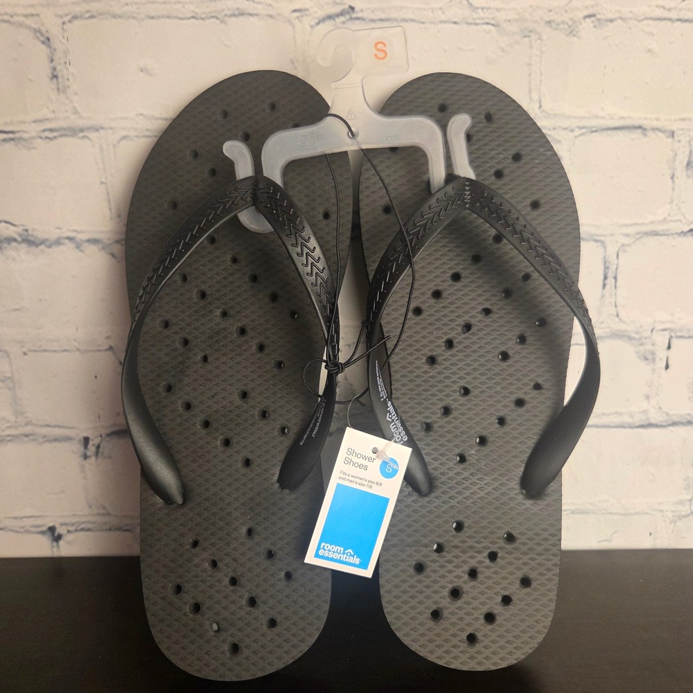 Room Essentials Black Shower Shoes Flip Flops M 7/8 W 8/9 Sz S Perforated New